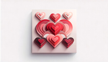 A minimalist backdrop with a series of geometric heart shapes in varying shades of pink and red, arranged in a clean, symmetrical pattern