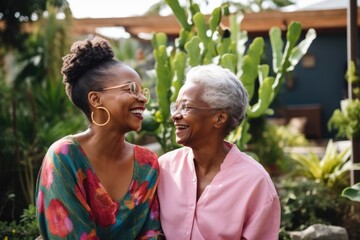 Black History Month, Senior African American woman with her daughter in the garden smiling. Family enjoying, lifestyle concept