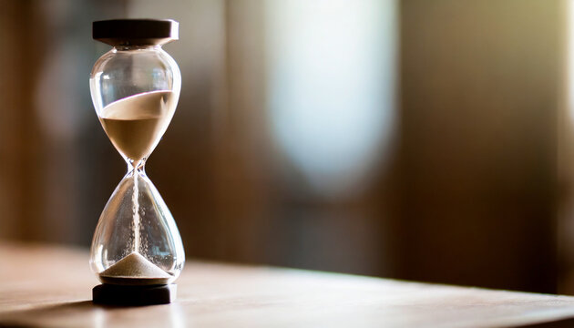 Elegant hourglass with flowing sand, symbolizing passing time and the concept of a timekeeper in a luxury setting. Stock photo