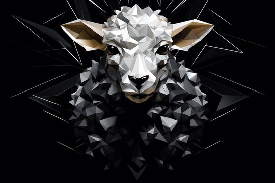  a black and white picture of a sheep's head in low poly polygonic style, with a black background and a white sheep's head in the middle.