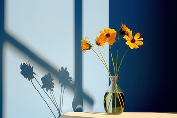  a vase filled with yellow flowers sitting on top of a white table next to a shadow of a blue wall and a blue and white wall behind it is a shadow of a window.
