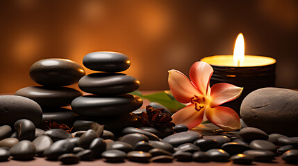 Obraz na płótnie Canvas Brown spa background featuring massage stones, exotic flower, and ample copy space