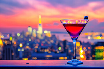 Manhattan skyline backdrop, an image featuring a Manhattan cocktail with a city skyline in the...