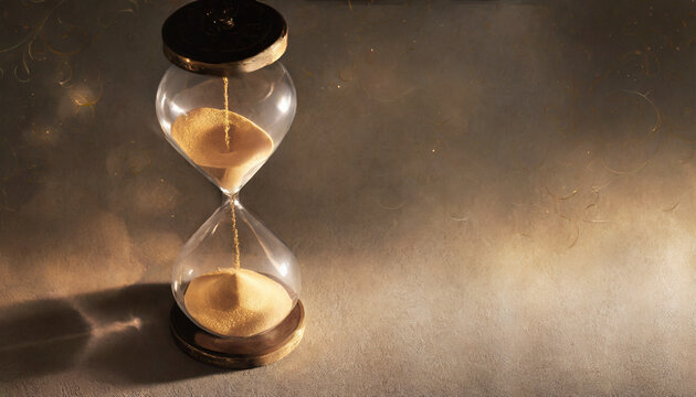 Elegant hourglass with flowing sand, symbolizing passing time and the concept of a timekeeper in a luxury setting. Stock photo