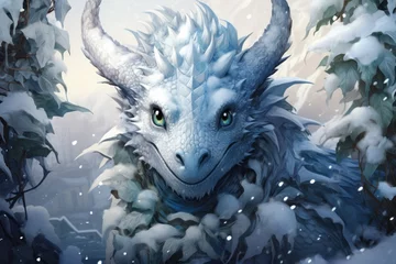 Foto op Plexiglas  a painting of a white dragon with green eyes in a snowy forest with snow on the ground and trees and snow on the ground, and snow on the ground. © Shanti