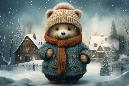  a painting of a teddy bear wearing a sweater and a knitted hat with a scarf around his neck, standing in front of a snowy landscape with houses and trees.