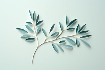 Nature, environment, graphic resources concept. Simple and minimalist floral cut paper art on plain background with copy space. Soft muted pastel colors. Leaf, flower or tree twig gutted from paper