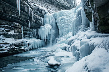 A frozen waterfall, capturing the crystalline beauty and serene tranquility of winter