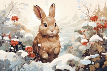  a painting of a brown rabbit sitting in the snow in front of some bushes and trees with snow on the ground and red flowers in the foreground of the picture.