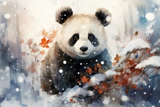  a painting of a panda bear sitting in the snow with a leafy tree in the foreground and falling leaves in the foreground, with snow falling on the ground.