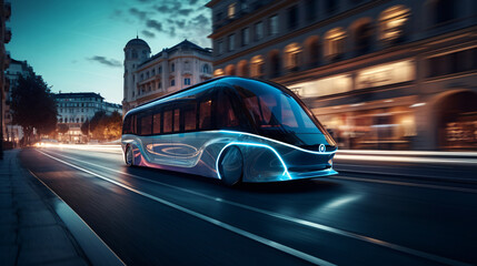 A futuristic electric bus alongside an advanced concept car on a sleek modern city street.
