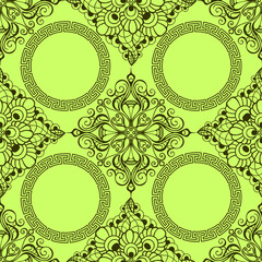 seamless graphic pattern, tile with abstract geometric olive ornament on green background, texture, design