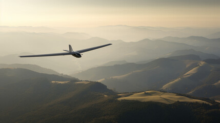 Fototapeta na wymiar A glider silently soaring over rolling hills and open fields harnessing the power of thermals.