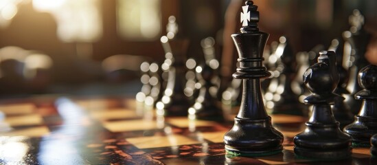 Shallow depth of field image of chess pieces on a board. - obrazy, fototapety, plakaty