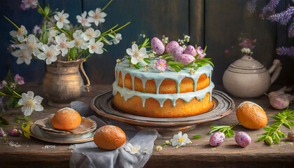 Obraz na płótnie Canvas easter cake with eggs and flowers 