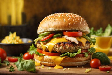 Burger with chicken and vegetables burger with chicken on a yellow background