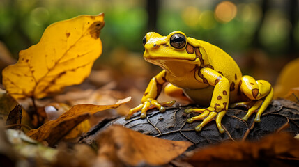 Naklejka premium Golden Poison Frog sitting on a leaf on the ground in the jungle, AI Generative.