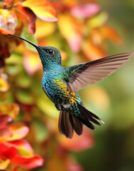 Fototapeta premium A close-up of a hummingbird flying near a flower.