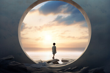 Sci-fi, education, states of mind and life concept. Child silhouette standing in front of round circle structure or portal device and looking into future or other dimension, world