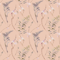 Watercolor subtle flowers, branches seamless pattern. Hand drawn delicate botanical background. Elegant floral repeatable texture, wallpaper, wedding invitation, wrapping paper, fabric, fashion