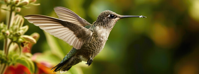 Fototapeta premium A close-up of a hummingbird flying near a flower.
