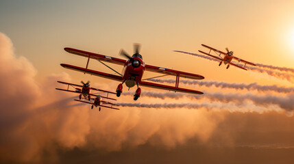 An aerobatics team performing synchronized stunts in the sky leaving trails of smoke. - obrazy, fototapety, plakaty