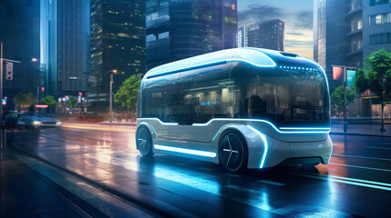 An autonomous shuttle bus and a self-driving car on a smart city street showcasing future transportation.