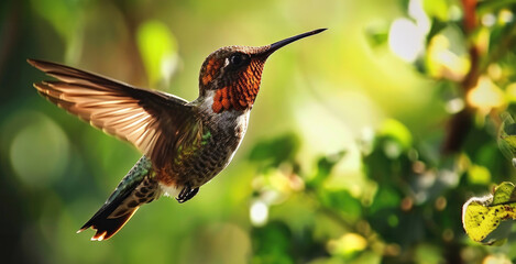 Fototapeta premium A close-up of a hummingbird flying near a flower.