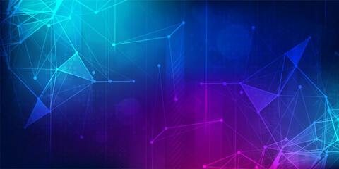 Digital technology futuristic internet network connection blue purple background, abstract cyber information communication, Ai big data science, innovation future tech, line dot illustration vector