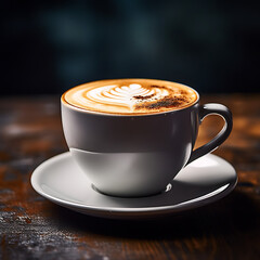 Cappuccino cup on a table against a gray and brown background, providing copy space.