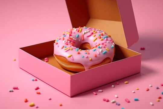 Close-up image of a pink frosted ring donut in a pink box