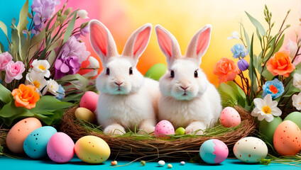 White cute easter bunnies sitting in a nest with colorful easter eggs and spring flowers