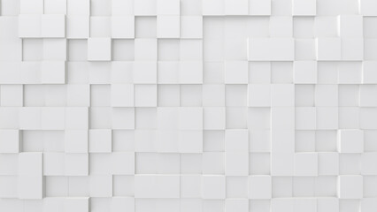 Wall background consisting of randomly positioned white cubes. 3D render. - obrazy, fototapety, plakaty