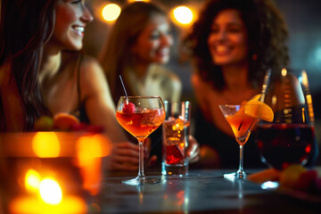 Socializing with Manhattans, a vibrant scene capturing a group of friends enjoying Manhattan cocktails at a stylish bar or lounge.