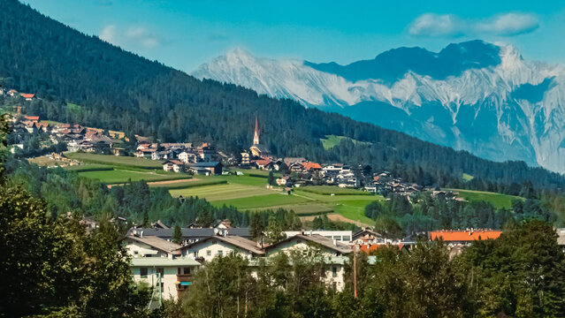 Alpine summer view with a church near Mieders, Stubaital valley, Innsbruck, Tyrol, Austria