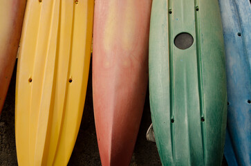 Kayaks leaning against a wall. Valle Gran Rey. La Gomera. Canary Islands. Spain.