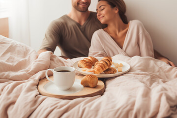 Obraz na płótnie Canvas a person surprising their partner with breakfast in bed, conveying the thoughtfulness and nurturing aspects of a loving relationship, set against a background of cozy and comforting colors