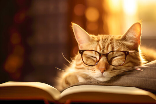A cute ginger cat wearing eyeglasses, lying next to a book, portraying a smart and adorable feline engrossed in reading or perhaps taking a scholarly nap.