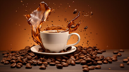 Coffee cup with splashes and airborne coffee beans on a light brown background, providing ample copy space