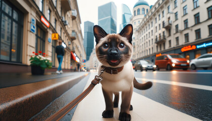 A Siamese cat exploring a city street, with a leash and collar, set against buildings and a sidewalk.