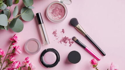 Obraz na płótnie Canvas Make-up cosmetics on a pink background