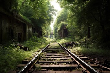 Fototapeta na wymiar abandoned railway with wild greenery.