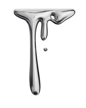 3d chrome metal melting fluid shape. Abstract dripping liquid mercury metallic icon. 3d rendering aluminum gradient shape design element isolated on white background. Brutalist futuristic style