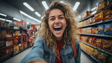 Laughing woman with curly hair in grocery store