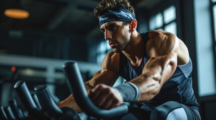 A man works out on an exercise bike at the gym, strength training exercises cardio exercise