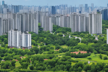 futuristic urban oasis blending nature. Cityscape featuring apartment buildings amid lush green vegetation. Serene view blending city life with nature's touch.