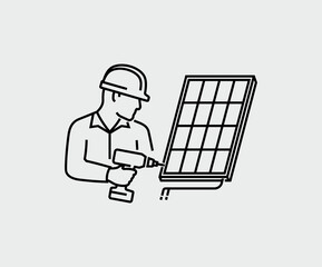 Worker Electrician Installing Solar Cell Panel Vector Line Icon