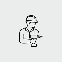 Construction Worker Engineer Holding Drill Machine Vector Line Icon