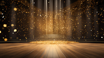 Golden confetti rains on a festive stage with a central light beam, an empty night room mock up for award ceremonies, jubilees, New Year's parties, or product presentations - obrazy, fototapety, plakaty