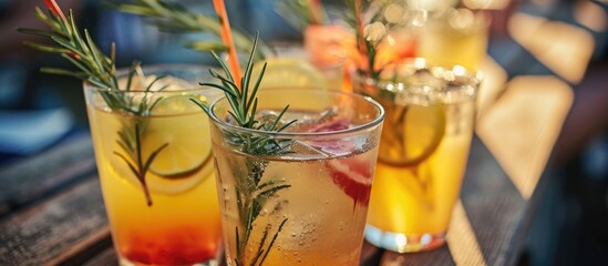 Refreshing summer cocktails decorated with rosemary on a sunny day. - obrazy, fototapety, plakaty